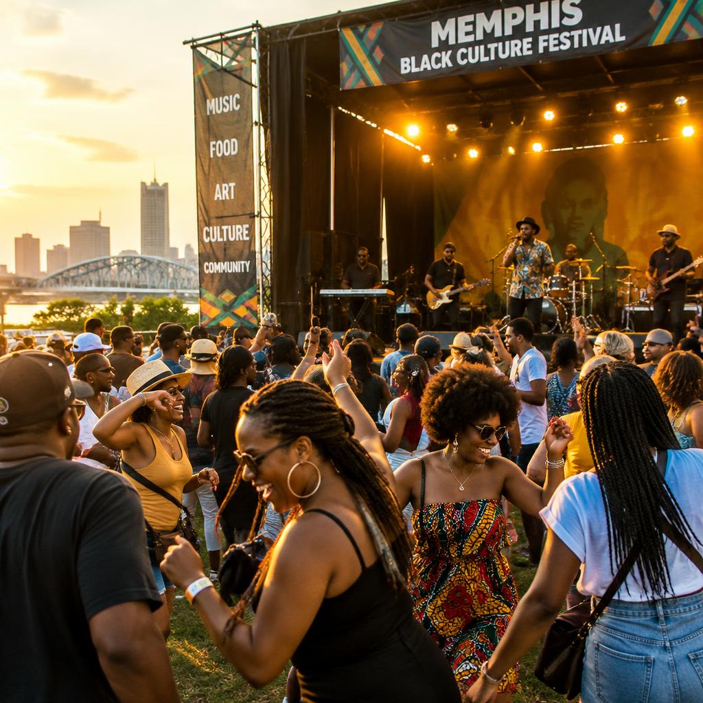 A live band performing on an outdoor stage for a joyful crowd at golden hour