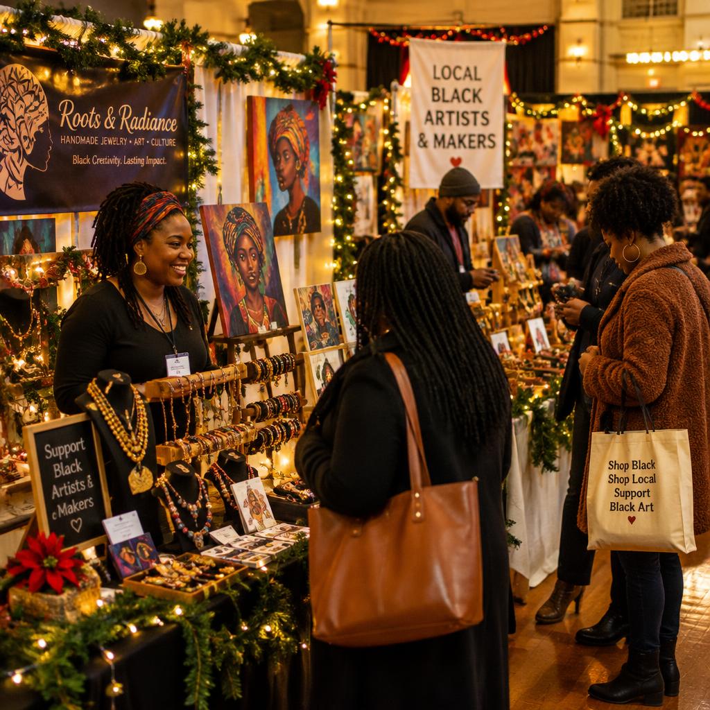 Local artists and makers selling handmade jewelry and art at a festive holiday marketplace