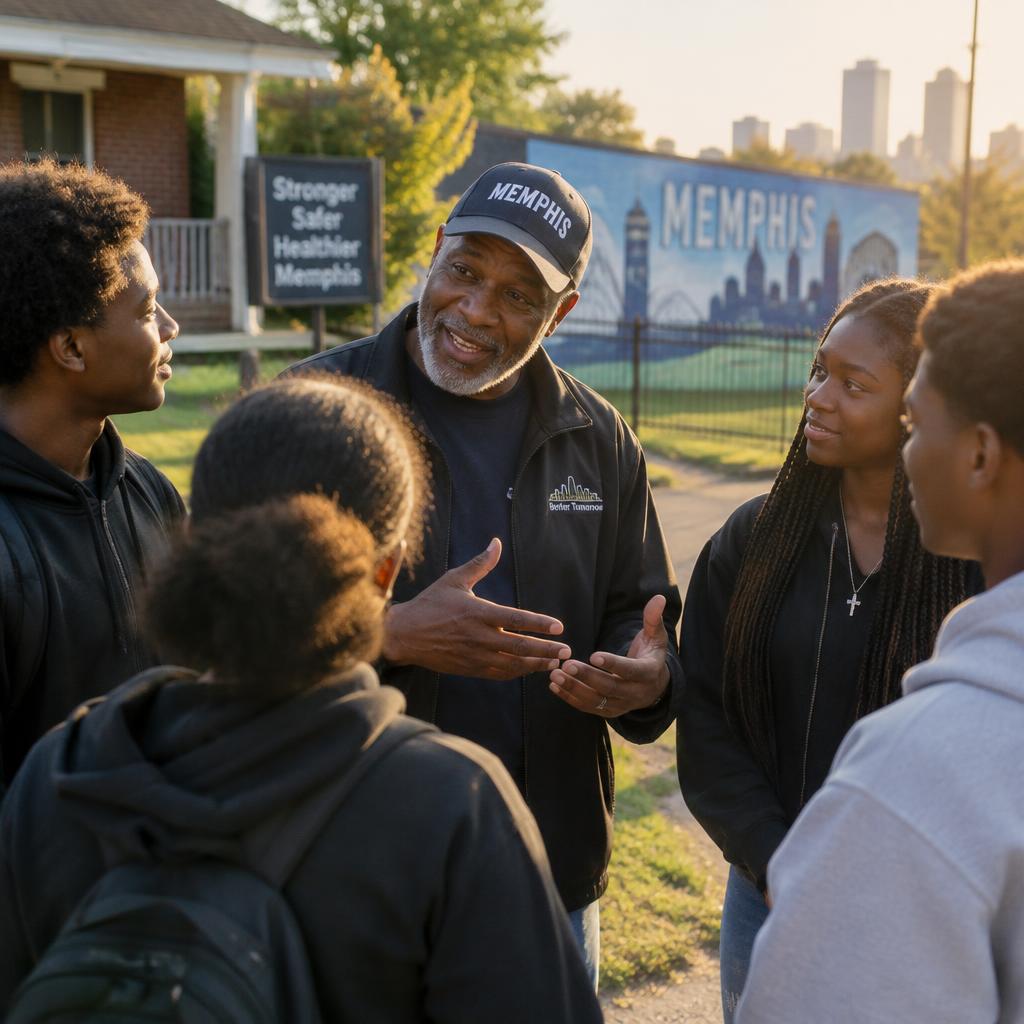 A mentor speaking with a group of young people in a Memphis neighborhood