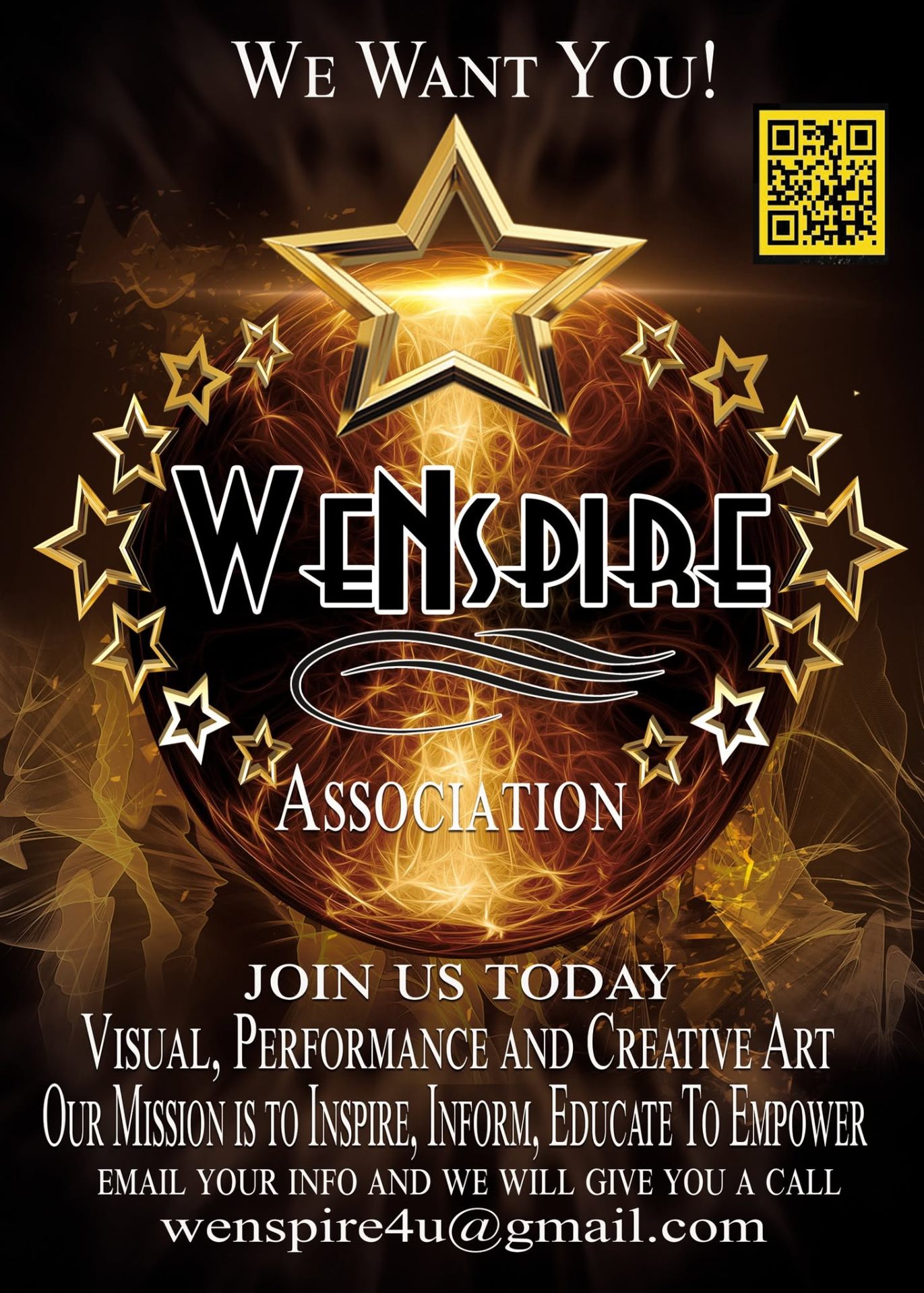 WeNspire Association recruitment flyer inviting visual, performance and creative artists to join
