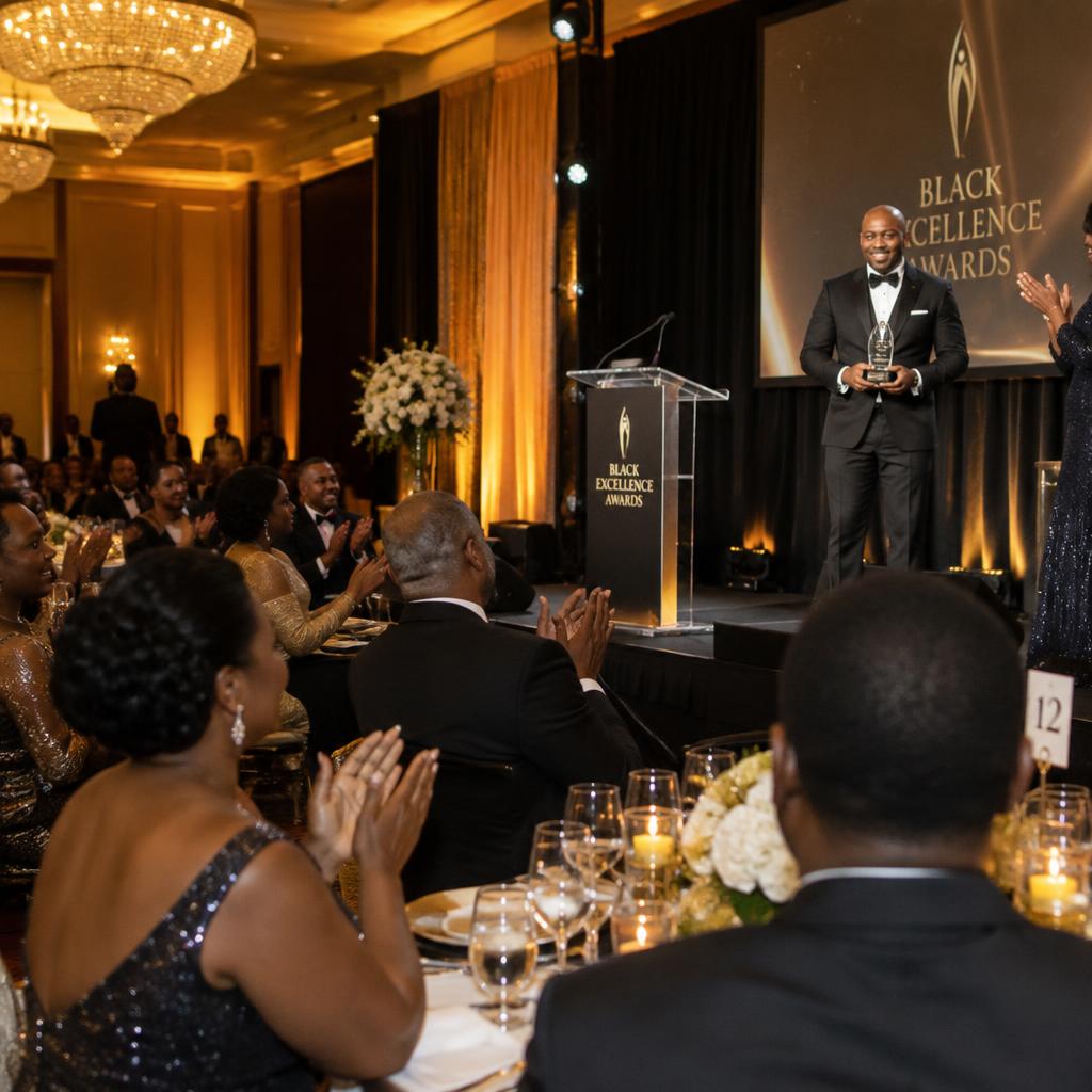 Guests in evening attire applauding as an award is presented in a golden-lit ballroom