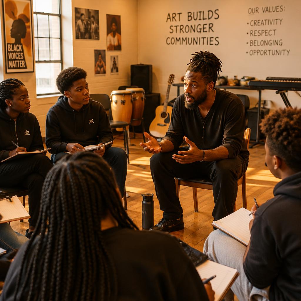 A mentor leading a workshop for young performers in a community center rehearsal room