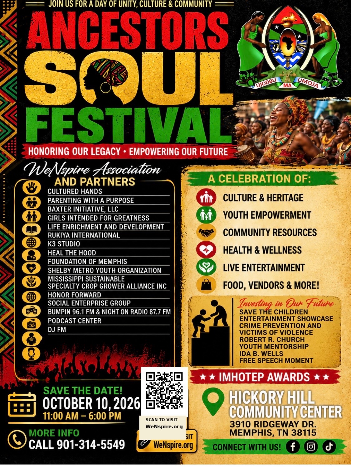 Ancestors Soul Festival 2026 flyer with event activities, community partners, contact details and a QR code for WeNspire.org
