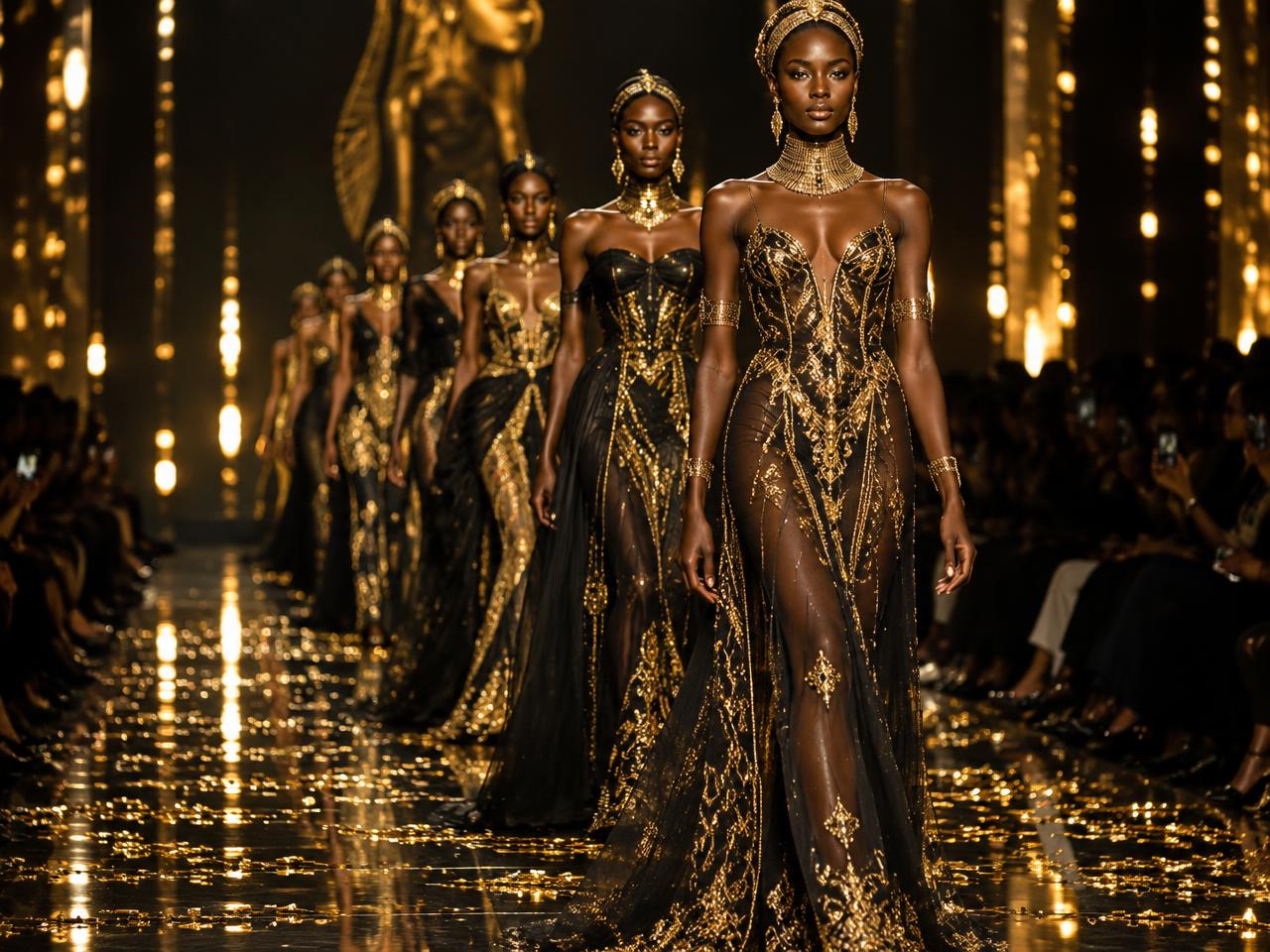 Models on a black and gold runway at the Legends of Fashion showcase