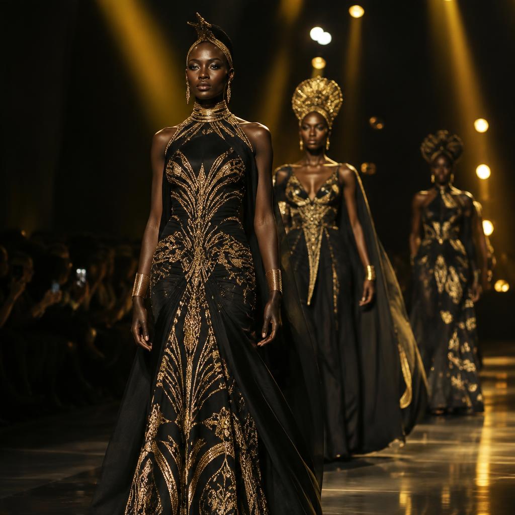 Nubian models in black-and-gold couture walking a runway under golden spotlights at Legends of Fashion