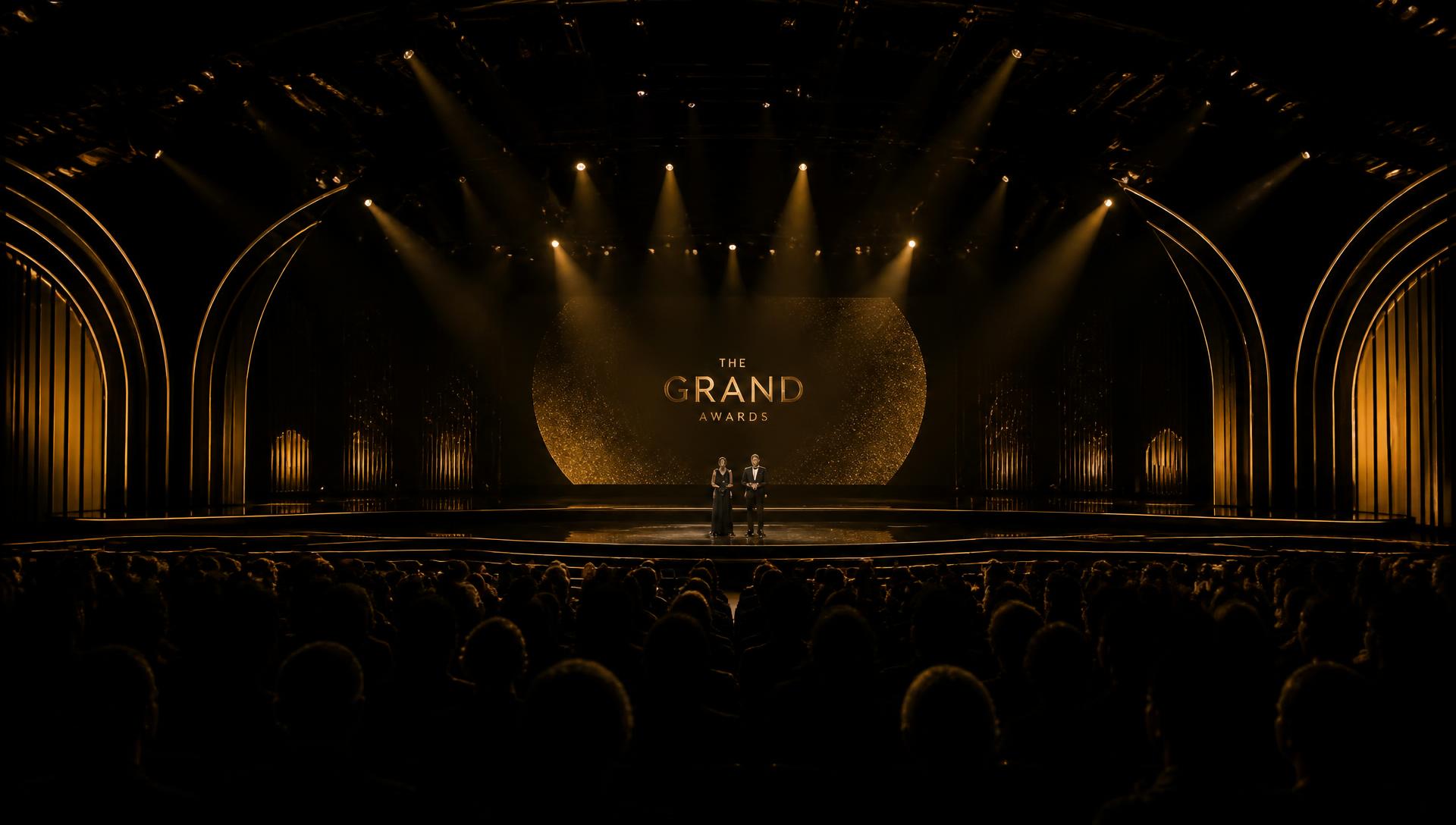 Golden stage lights over a live entertainment audience
